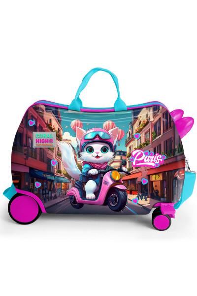 Coral High Kids Pembe Motorlu Kedi Desenli Otur-Çek Çocuk Valizi 16358 - 3
