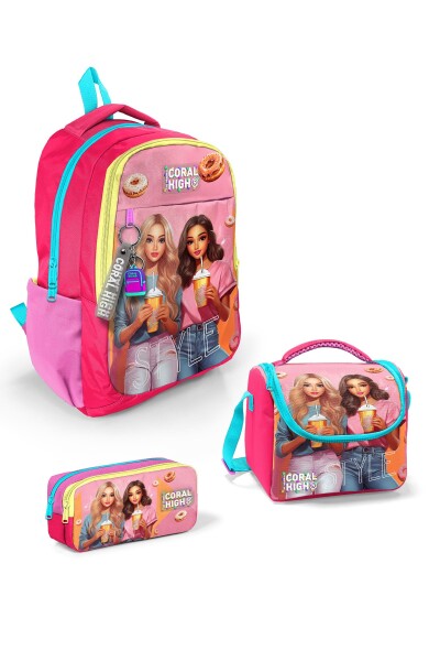 Coral High Kids Pembe Neon Mercan Fashion Girl Desenli 3’lü Okul Çanta Seti SET0123669 - 1