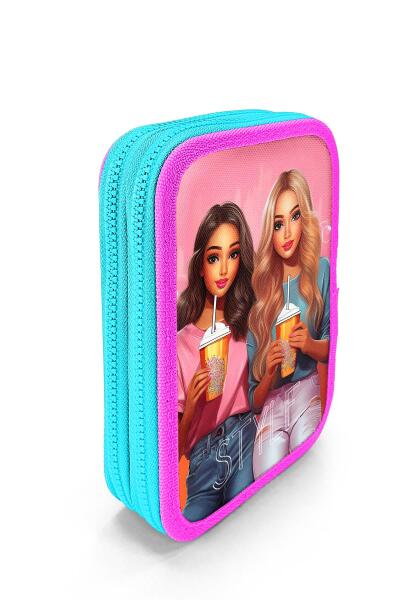 Coral High Kids Pembe Neon Mercan Fashion Girl Desenli Çift Katlı Kalem Çanta 11141 - 3