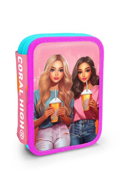 Coral High Kids Pembe Neon Mercan Fashion Girl Desenli Çift Katlı Kalem Çanta 11141 - 1