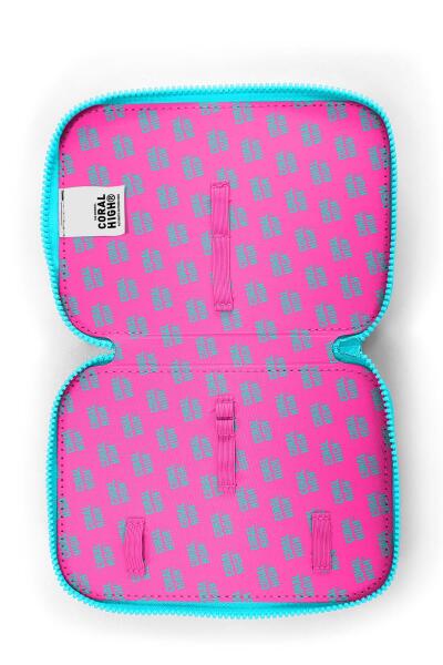 Coral High Kids Pembe Neon Mercan Fashion Girl Desenli Çift Katlı Kalem Çanta 11141 - 6