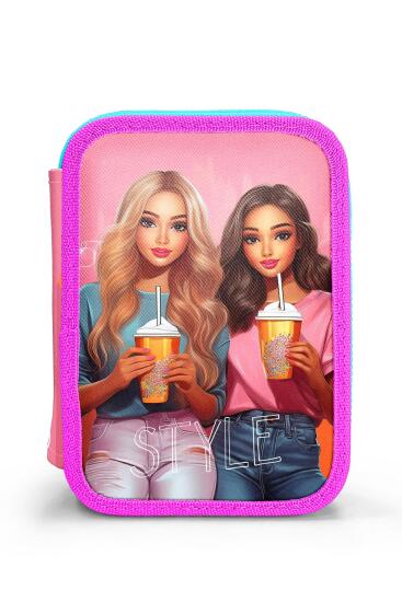 Coral High Kids Pembe Neon Mercan Fashion Girl Desenli Çift Katlı Kalem Çanta 11141 - 10