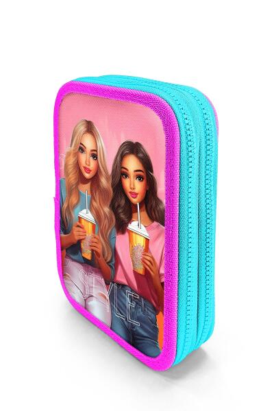 Coral High Kids Pembe Neon Mercan Fashion Girl Desenli Çift Katlı Kalem Çanta 11141 - 2