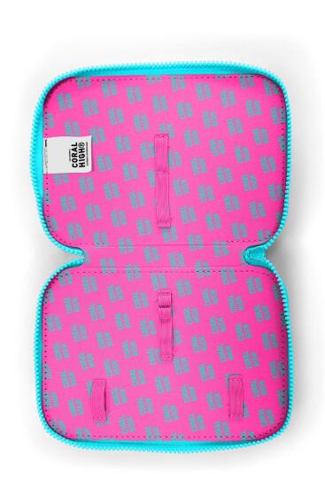 Coral High Kids Pembe Neon Mercan Fashion Girl Desenli Çift Katlı Kalem Çanta 11141 - 6