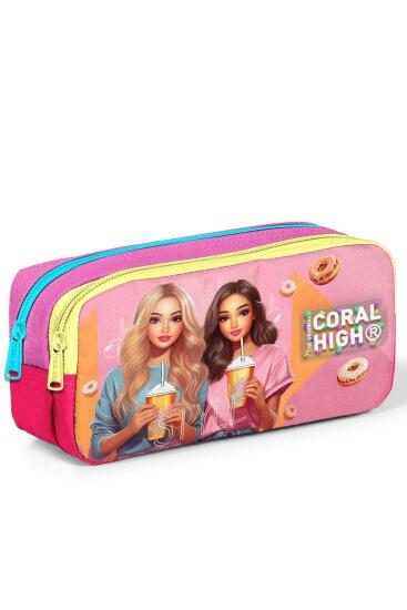 Coral High Kids Pembe Neon Mercan Fashion Girl Desenli İki Bölmeli Kalem Çantası 22144 - CORAL HIGH KIDS