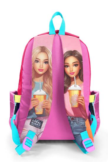 Coral High Kids Pembe Neon Mercan Fashion Girl Desenli Üç Bölmeli Okul Sırt Çantası 23669 - 2