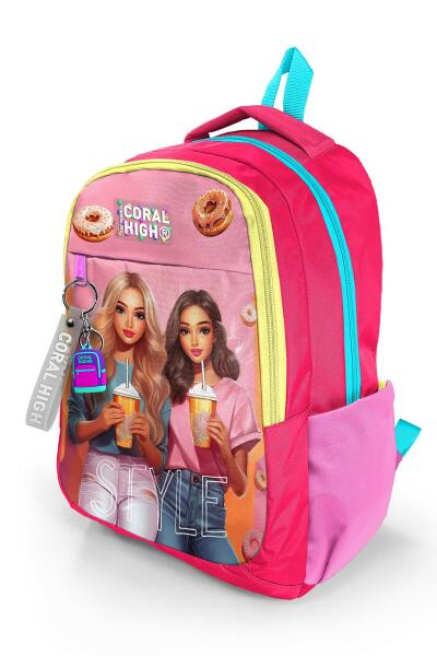 Coral High Kids Pembe Neon Mercan Fashion Girl Desenli Üç Bölmeli Okul Sırt Çantası 23669 - 6