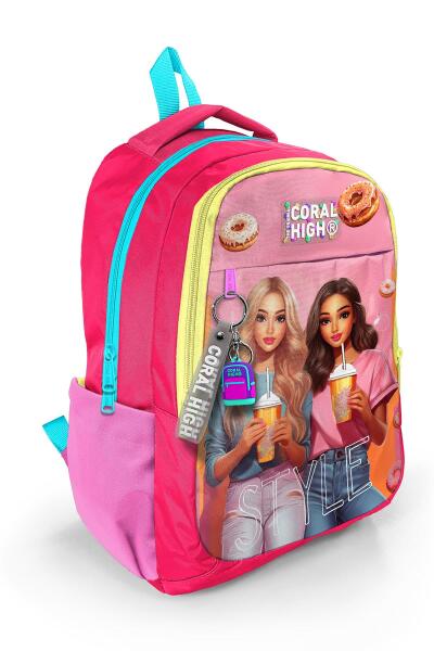 Coral High Kids Pembe Neon Mercan Fashion Girl Desenli Üç Bölmeli Okul Sırt Çantası 23669 - 1