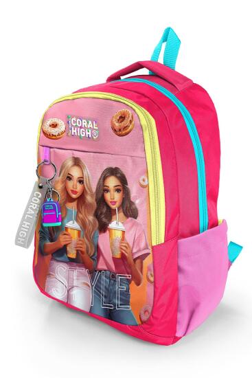 Coral High Kids Pembe Neon Mercan Fashion Girl Desenli Üç Bölmeli Okul Sırt Çantası 23669 - 6