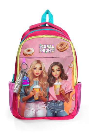 Coral High Kids Pembe Neon Mercan Fashion Girl Desenli Üç Bölmeli Okul Sırt Çantası 23669 - 5