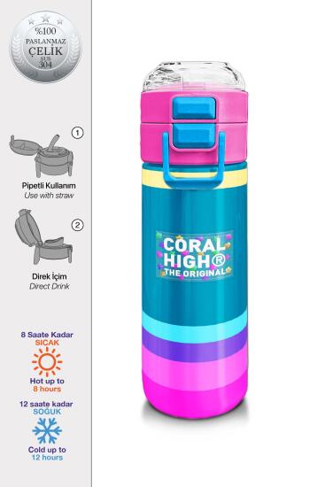 Coral High Kids Pembe Pastel Renkli Pipetli ve Direkt İçim Çelik Termos 500 ml 31960 - Coral High KIDS