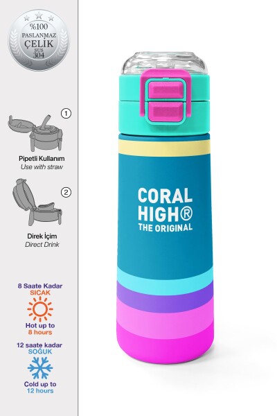 Coral High Kids Pembe Pastel Renkli Pipetli ve Direkt İçim Çelik Termos 500 ml 31960 - 1