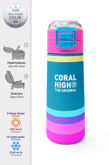 Coral High Kids Pembe Pastel Renkli Pipetli ve Direkt İçim Çelik Termos 500 ml 31960 - Coral High KIDS