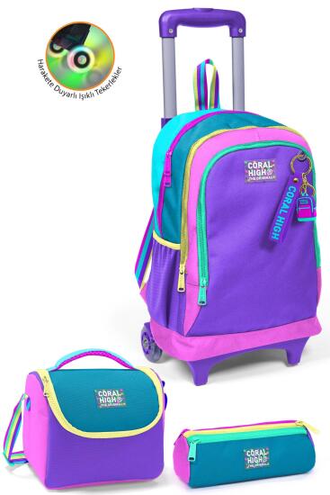 Coral High Kids Pembe Pastel Renkli Üç Bölmeli Çekçekli 3'lü Çanta Seti SET0123959 - Coral High