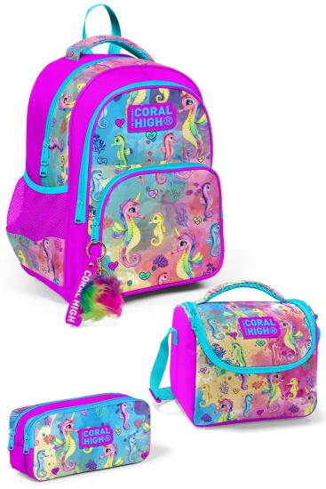 Coral High Kids Pembe Rengarenk Denizatı Desenli 3'lü Okul Çanta Seti SET0114412 - Coral High KIDS