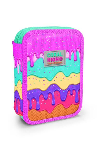 Coral High Kids Pembe Rengarenk Dondurma Desenli Çift Katlı Kalem Çanta 11131 - 1