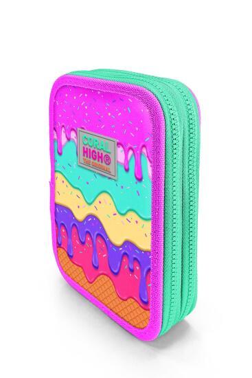 Coral High Kids Pembe Rengarenk Dondurma Desenli Çift Katlı Kalem Çanta 11131 - 2