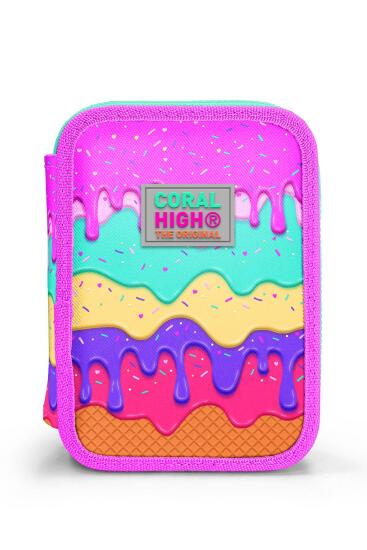 Coral High Kids Pembe Rengarenk Dondurma Desenli Çift Katlı Kalem Çanta 11131 - 10