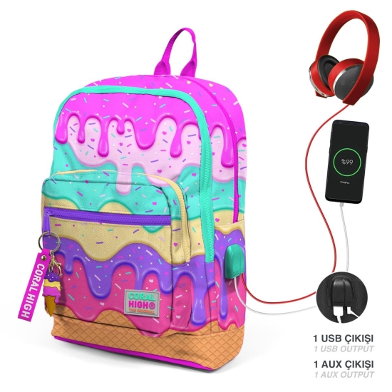 Coral High Kids Pembe Rengarenk Dondurma Desenli Dört Bölmeli USB'li Okul Sırt Çantası 23831 