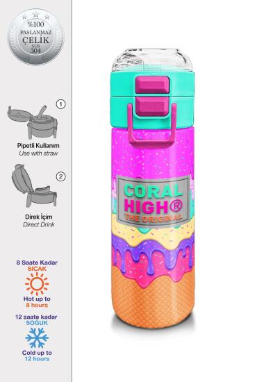 Coral High Kids Pembe Rengarenk Dondurma Desenli Pipetli ve Direkt İçim Çelik Termos 500 ml 31938 - Coral High KIDS