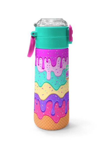 Coral High Kids Pembe Rengarenk Dondurma Desenli Pipetli ve Direkt İçim Çelik Termos 500 ml 31938 - 2