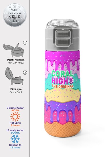 Coral High Kids Pembe Rengarenk Dondurma Desenli Pipetli ve Direkt İçim Çelik Termos 500 ml 31938 