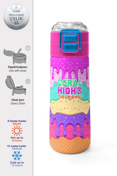 Coral High Kids Pembe Rengarenk Dondurma Desenli Pipetli ve Direkt İçim Çelik Termos 500 ml 31938 - 1