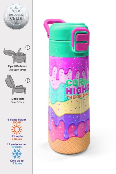 Coral High Kids Pembe Rengarenk Dondurma Desenli Pipetli ve Direkt İçim Çelik Termos 500 ml 31938 - 1