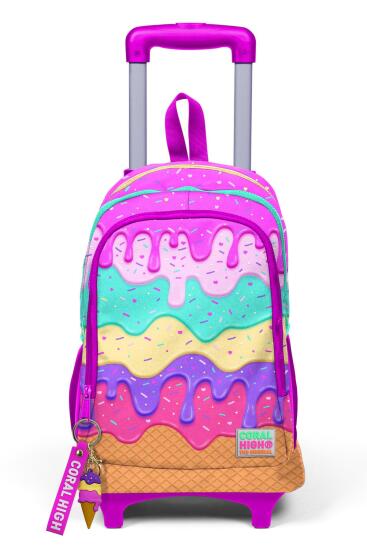 Coral High Kids Pembe Rengarenk Dondurma Desenli Üç Bölmeli Çekçekli Okul Sırt Çantası 23931 - 9