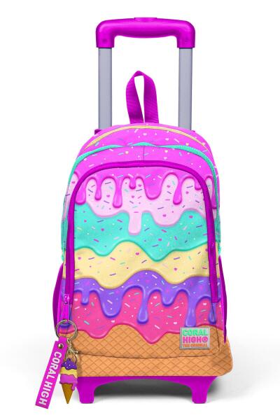 Coral High Kids Pembe Rengarenk Dondurma Desenli Üç Bölmeli Çekçekli Okul Sırt Çantası 23931 - 9