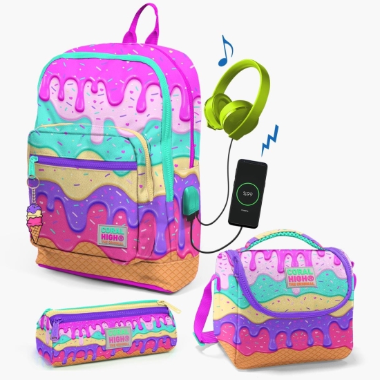Coral High Kids Pembe Rengarenk Dondurma Desenli USB'li 3’lü Okul Çanta Seti SET0123831 