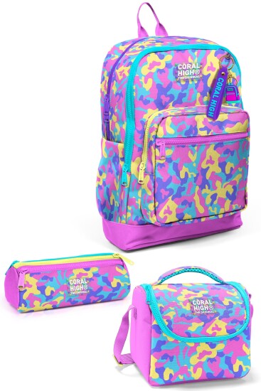 Coral High Kids Pembe Sarı Lavanta Kamuflaj Desenli 3’lü Okul Çanta Seti SET0133201 
