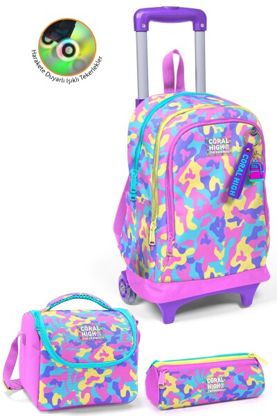 Coral High Kids Pembe Sarı Lavanta Kamuflaj Desenli Çekçekli 3'lü Çanta Seti SET0134001 - 1