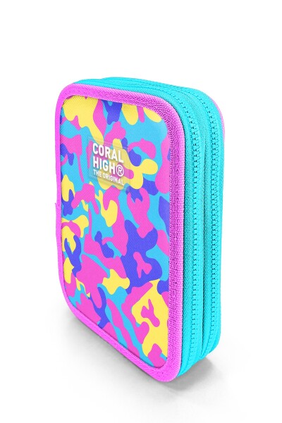 Coral High Kids Pembe Sarı Lavanta Kamuflaj Desenli Çift Katlı Kalem Çanta 31101 - 2