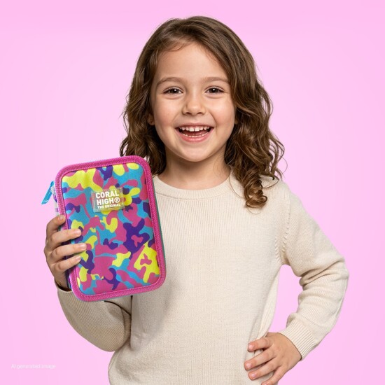 Coral High Kids Pembe Sarı Lavanta Kamuflaj Desenli Çift Katlı Kalem Çanta 31101 - 4