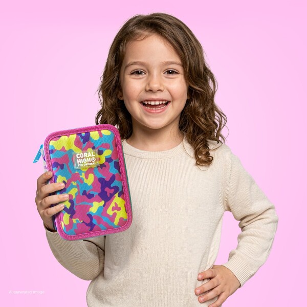 Coral High Kids Pembe Sarı Lavanta Kamuflaj Desenli Çift Katlı Kalem Çanta 31101 - 4