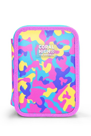 Coral High Kids Pembe Sarı Lavanta Kamuflaj Desenli Çift Katlı Kalem Çanta 31101 - 11