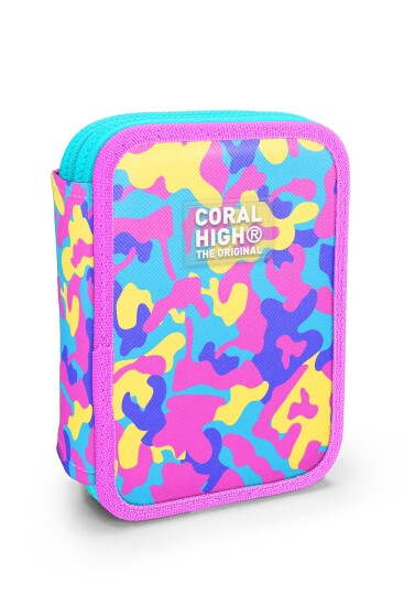 Coral High Kids Pembe Sarı Lavanta Kamuflaj Desenli Çift Katlı Kalem Çanta 31101 - Coral High