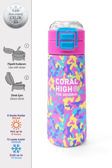 Coral High Kids Pembe Sarı Lavanta Kamuflaj Desenli Pipetli ve Direkt İçim Çelik Termos 500 ml 38101 - Coral High