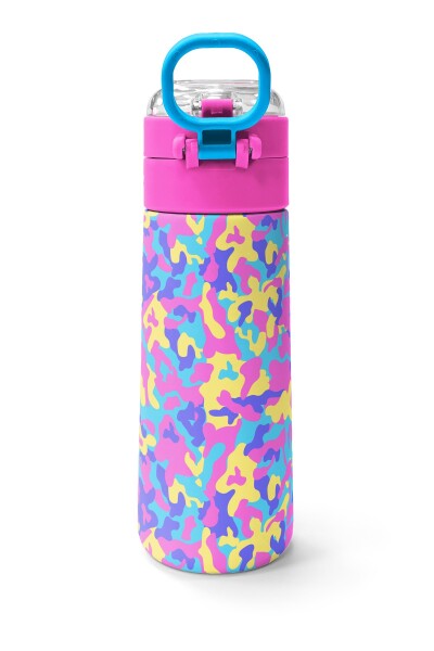 Coral High Kids Pembe Sarı Lavanta Kamuflaj Desenli Pipetli ve Direkt İçim Çelik Termos 500 ml 38101 - 4
