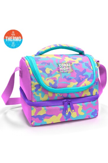 Coral High Kids Pembe Sarı Lavanta Kamuflaj Desenli Thermo İki Katlı Beslenme Çantası 37201 