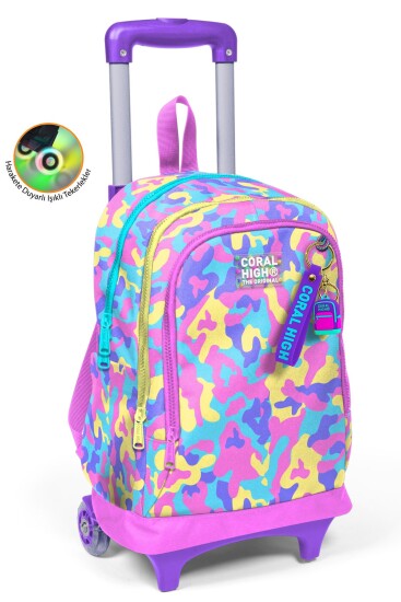 Coral High Kids Pembe Sarı Lavanta Kamuflaj Desenli Üç Bölmeli Çekçekli Okul Sırt Çantası 34001 - Coral High