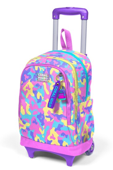 Coral High Kids Pembe Sarı Lavanta Kamuflaj Desenli Üç Bölmeli Çekçekli Okul Sırt Çantası 34001 - 6