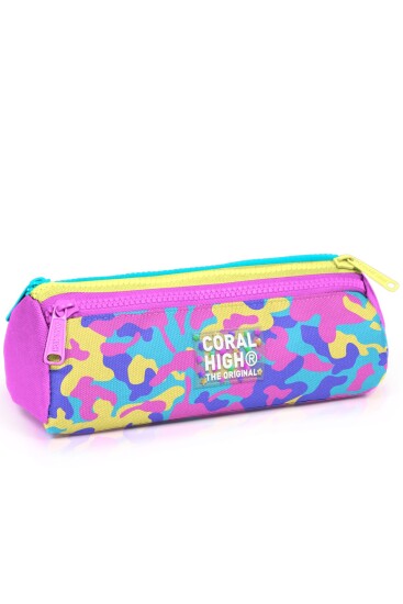 Coral High Kids Pembe Sarı Lavanta Kamuflaj Desenli Üç Bölmeli Kalem Çantası 31001 