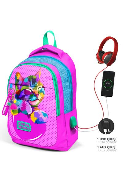 Coral High Kids Pembe Mavi Simli Kedi Desenli Üç Bölmeli USB'li Okul Sırt Çantası 24301 - 1