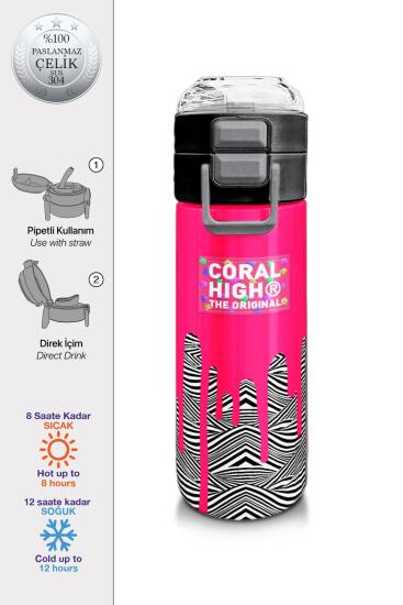 Coral High Kids Pembe Siyah Beyaz Desenli Pipetli ve Direkt İçim Çelik Termos 500 ml 31878 - 1