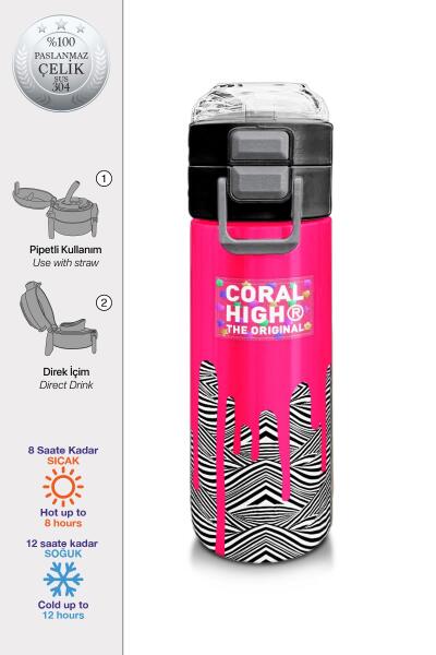 Coral High Kids Pembe Siyah Beyaz Desenli Pipetli ve Direkt İçim Çelik Termos 500 ml 31878 - 1
