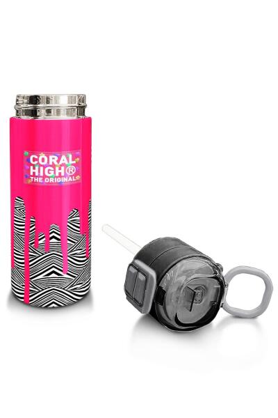 Coral High Kids Pembe Siyah Beyaz Desenli Pipetli ve Direkt İçim Çelik Termos 500 ml 31878 - 4