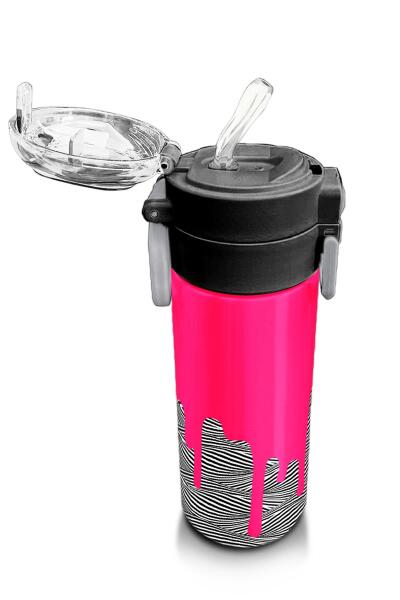 Coral High Kids Pembe Siyah Beyaz Desenli Pipetli ve Direkt İçim Çelik Termos 500 ml 31878 - 5