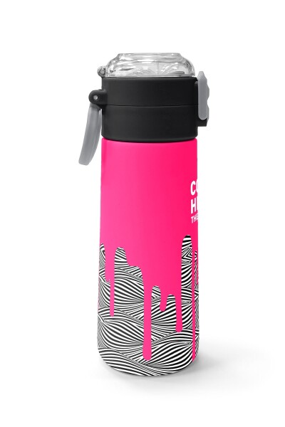 Coral High Kids Pembe Siyah Beyaz Desenli Pipetli ve Direkt İçim Çelik Termos 500 ml 31878 - 2